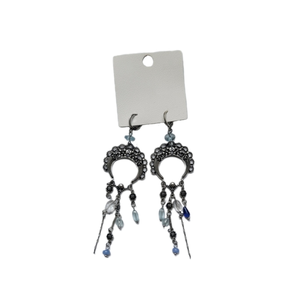 New FREE PEOPLE Monty Dangle Earrings Silver Tone Blue Gem Festival Boho NWT $38
